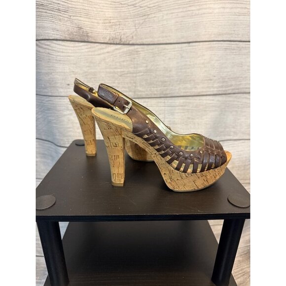 Guess Brown Cork Wedge Heeled Sandals With Adjustable Strap & Studded Detail - Picture 2 of 4